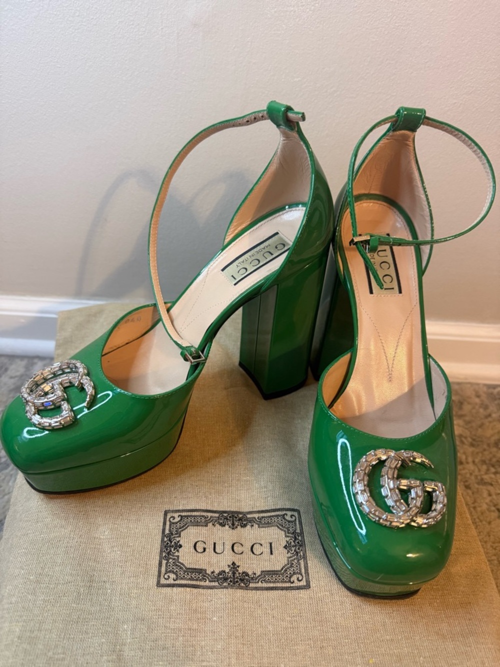 Gucci Green Patent Platform Pumps with Crystal Double G Buckle